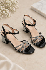 Black Diamanté Embellished Strappy Block Heels - Daisy