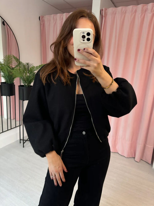 Black Zip Up Cropped Bomber Jacket With Puff Sleeves