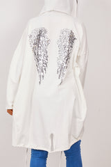 White Sequin Angel Wings Hooded Cardigan
