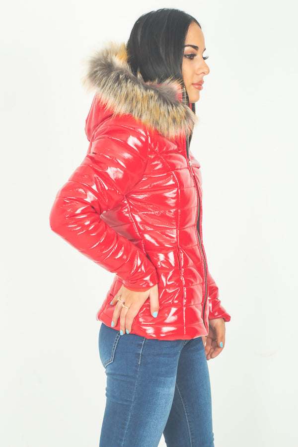 Red Patent Fur Hood Puffer Jacket