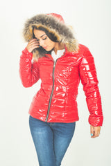 Red Patent Fur Hood Puffer Jacket