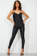Black Satin V Neck Cami Top