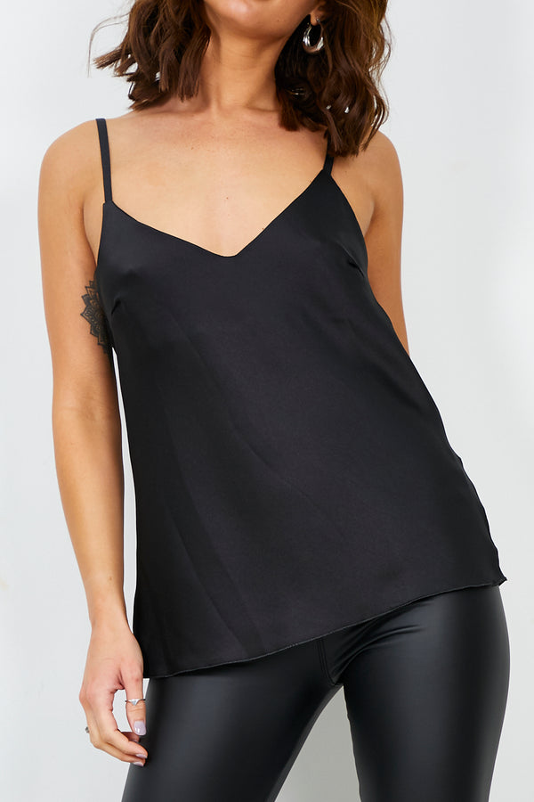 Black Satin V Neck Cami Top