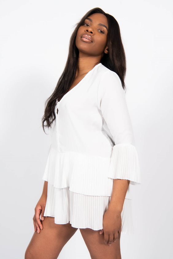 White Ruffle Pleated Smock Mini Dress