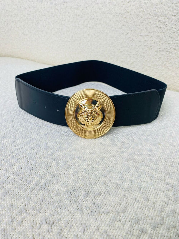 Black Strap Tiger Decor Round Buckle Fashion Belt