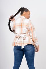 Beige Checked Belted Trucker Shacket
