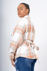 Beige Checked Belted Trucker Shacket
