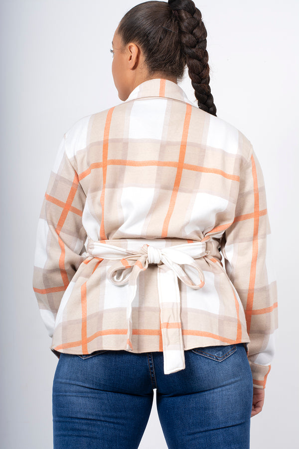 Beige Checked Belted Trucker Shacket
