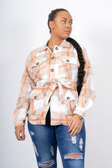 Beige Checked Belted Trucker Shacket