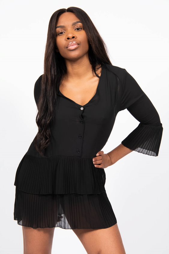 Black Ruffle Pleated Smock Mini Dress