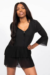 Black Ruffle Pleated Smock Mini Dress