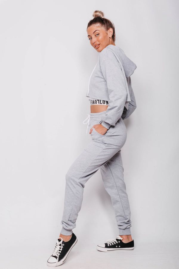 Grey Love Top Crop Hoodie And Joggers 3 Piece Set