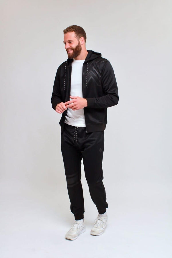 Black Drawstring Full Zipper Hooded Tracksuit