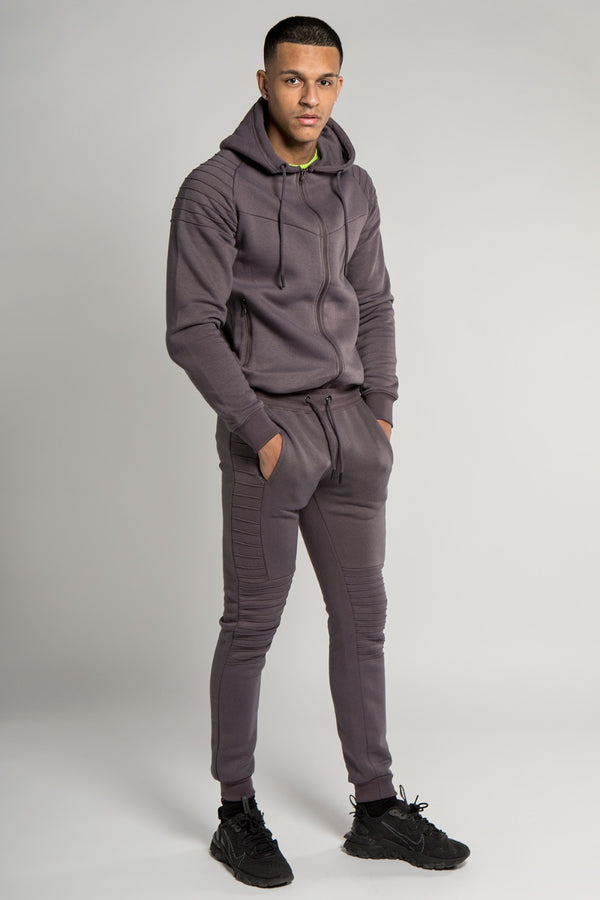 Mens Charcoal Grey Pipe Detail Hooded Zip Tracksuit
