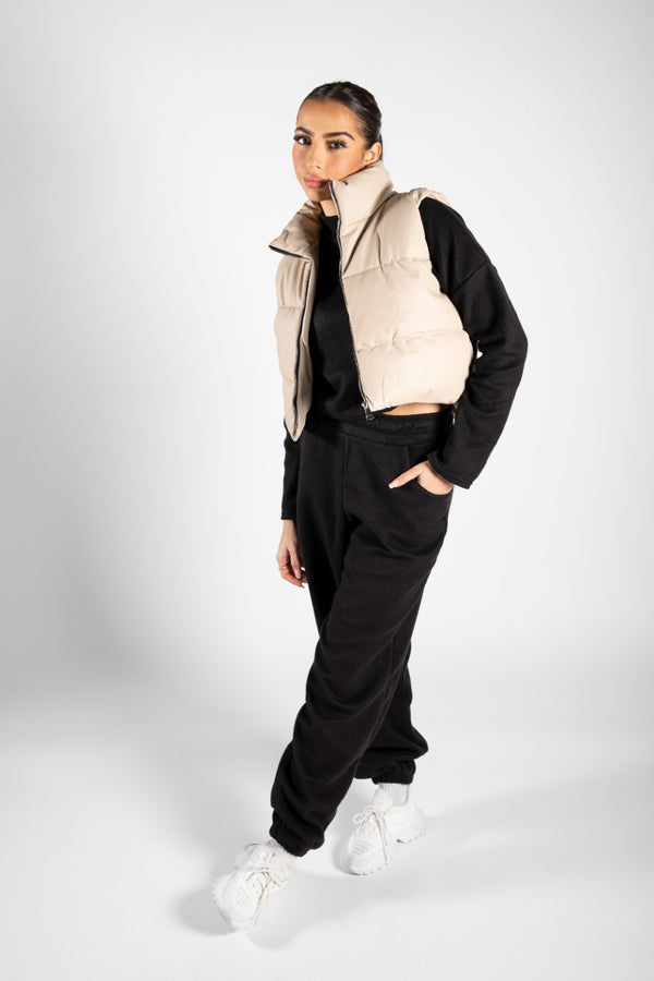 Beige Faux Leather Cropped Gilet