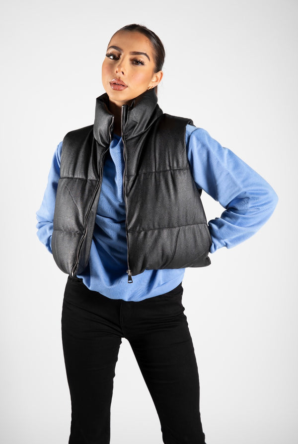 Black Faux Leather Cropped Gilet