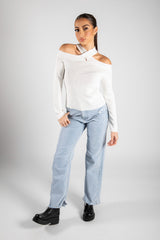 Cream Cold Shoulder Crossed Halter Neck Jumper 