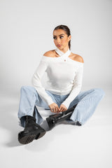 Cream Cold Shoulder Crossed Halter Neck Jumper 