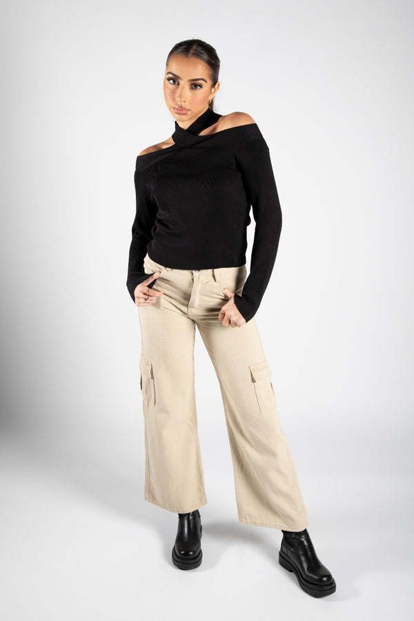 Black Cold Shoulder Crossed Halter Neck Jumper 