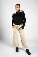 Black Cold Shoulder Crossed Halter Neck Jumper 
