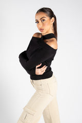 Black Cold Shoulder Crossed Halter Neck Jumper 