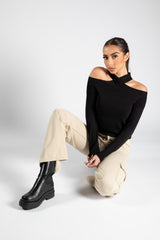 Black Cold Shoulder Crossed Halter Neck Jumper 
