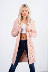 pink cable knit hooded cardigan
