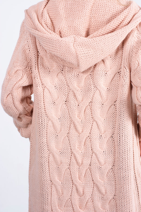 pink cable knit hooded cardigan
