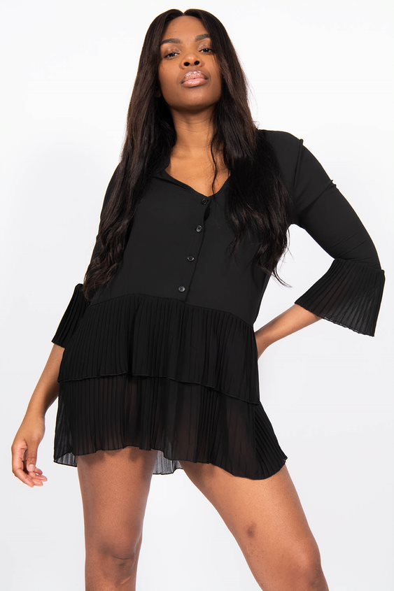 Black Ruffle Pleated Smock Mini Dress