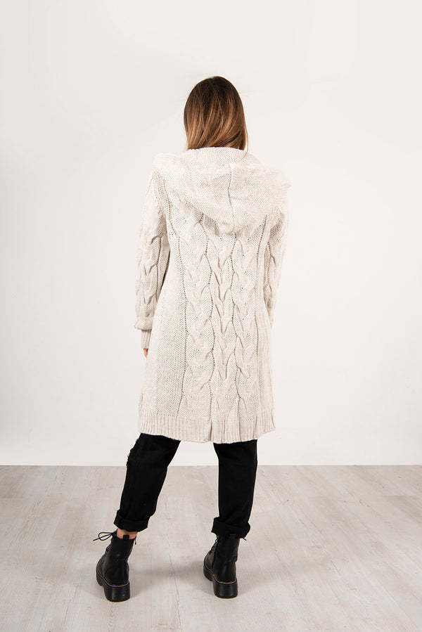Beige Cable Knit Hooded Cardigan
