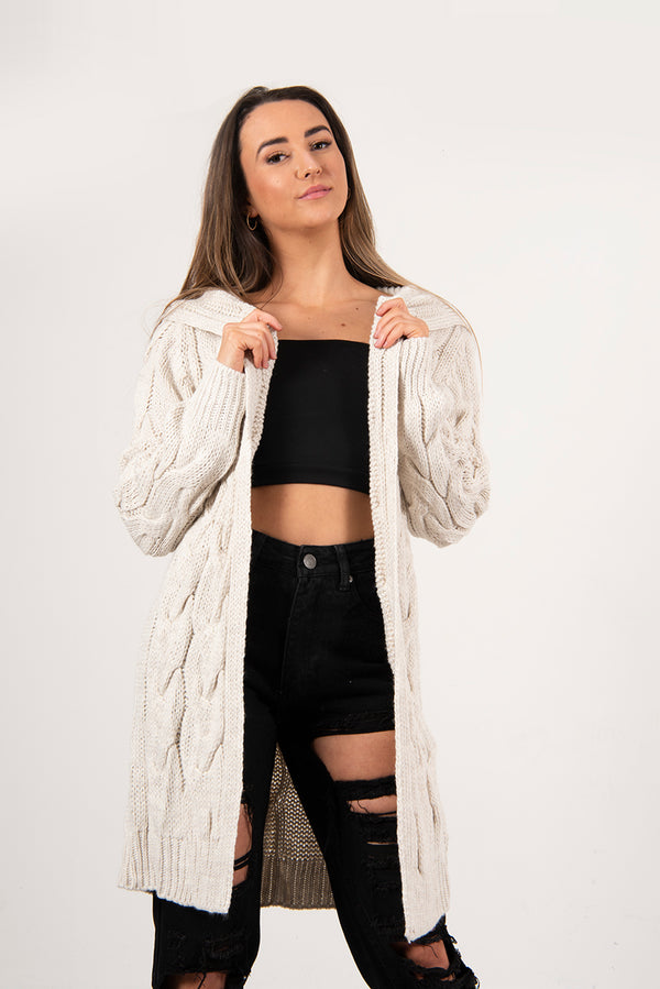 Beige Cable Knit Hooded Cardigan