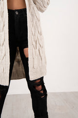 Beige Cable Knit Hooded Cardigan