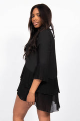 Black Ruffle Pleated Smock Mini Dress