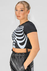 Black Ribbed Ruched Skeleton Hand Print Crop Top