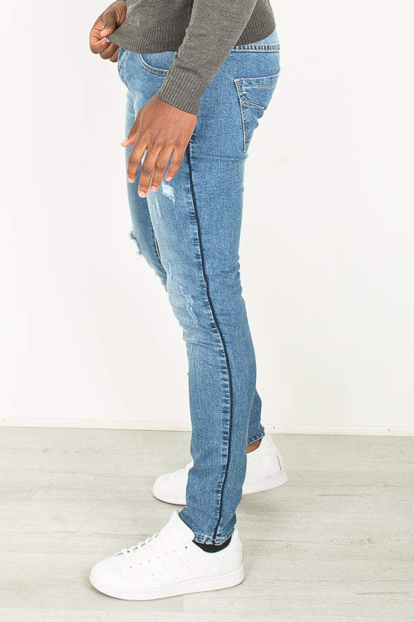 Mens Basic Blue Distressed Ripped Denim Jeans