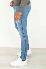 Mens Basic Blue Distressed Ripped Denim Jeans