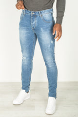 Mens Basic Blue Distressed Ripped Denim Jeans