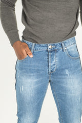 Mens Basic Blue Distressed Ripped Denim Jeans