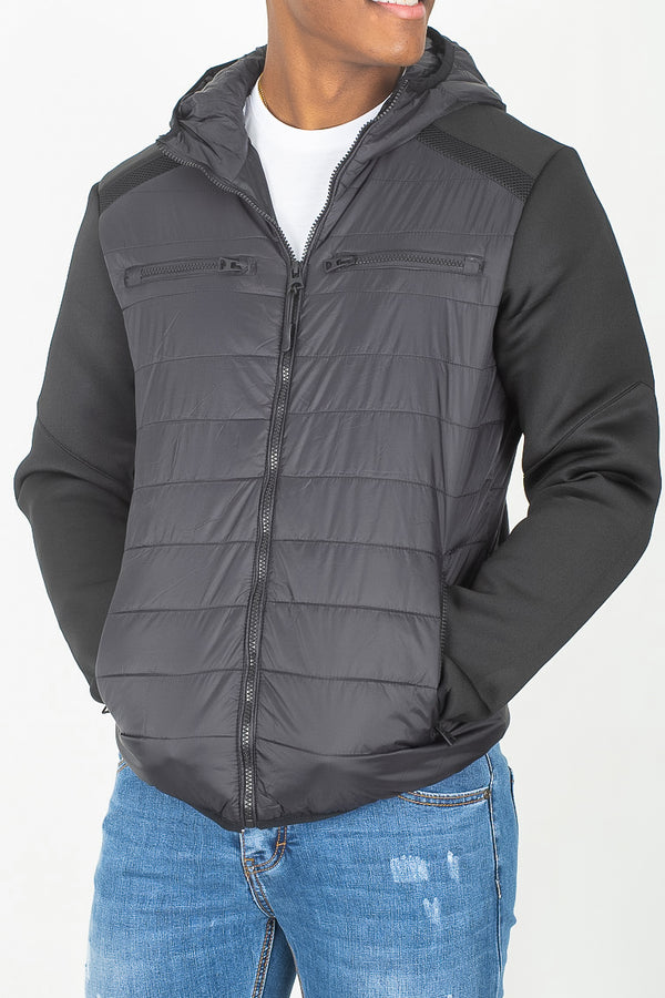 Mens Black Mesh Trim Contrast Sleeve Hooded Jacket