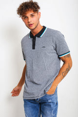 Mens Black Marl Striped Collar Polo Shirt