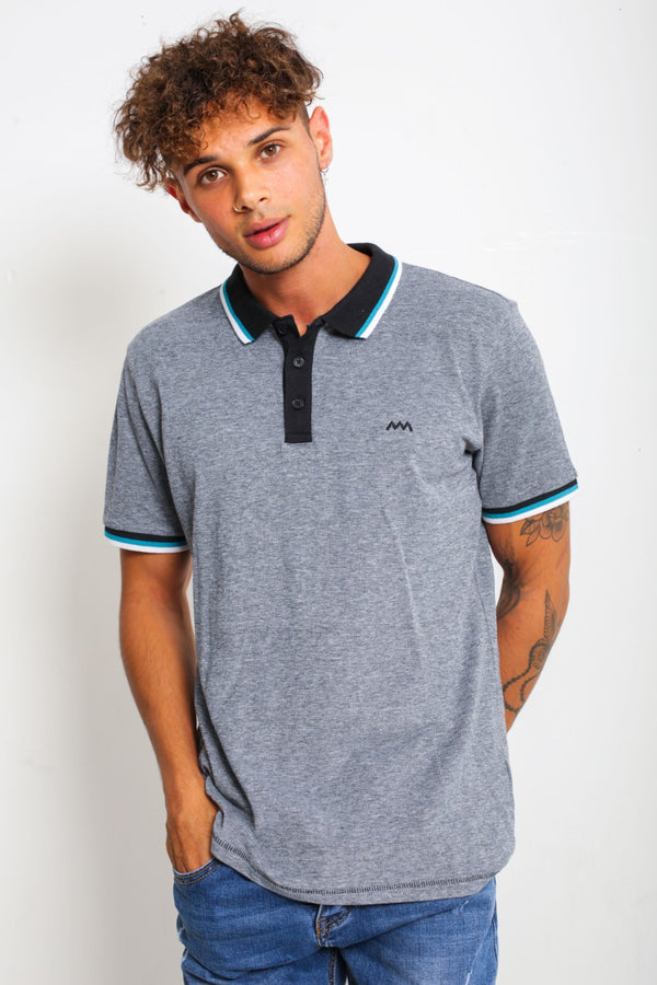 Mens Black Marl Striped Collar Polo Shirt