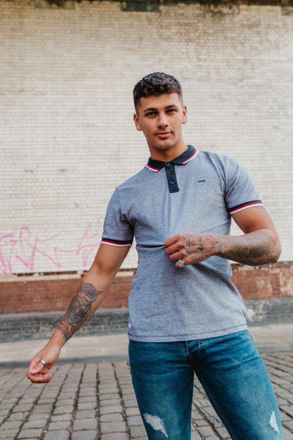 Mens Navy Marl Striped Collar Polo Shirt