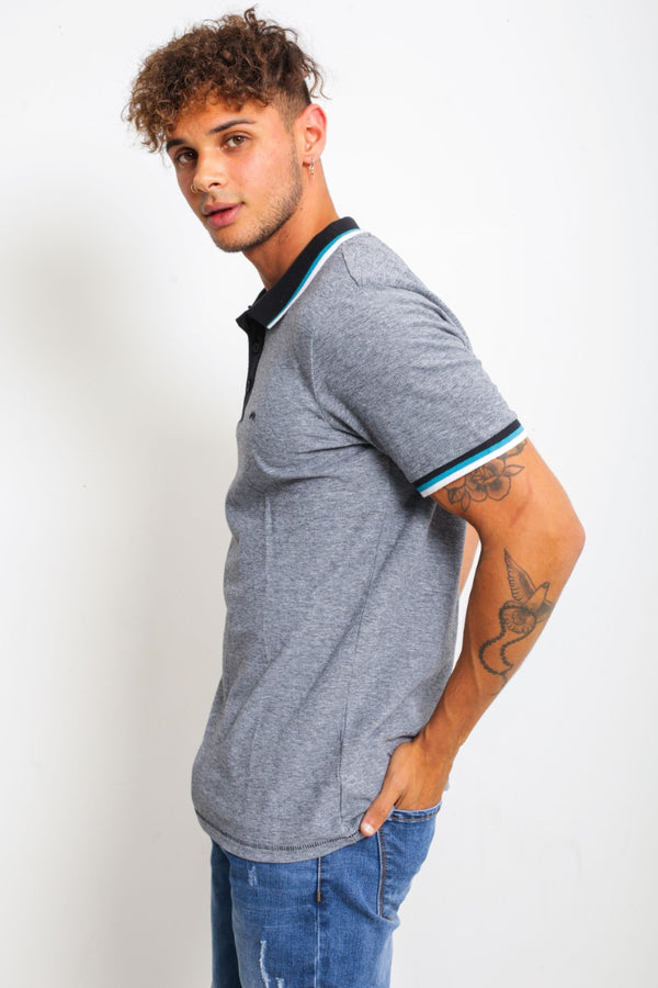 Mens Black Marl Striped Collar Polo Shirt