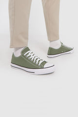 Mens Army Green Lace Up Canvas Flat Trainers