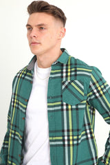 Mens Green Checked Cotton Flannel Long Sleeve Shirt