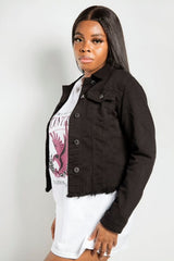 Black Basic Raw Hem Cropped Denim Jacket