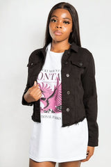 Black Basic Raw Hem Cropped Denim Jacket