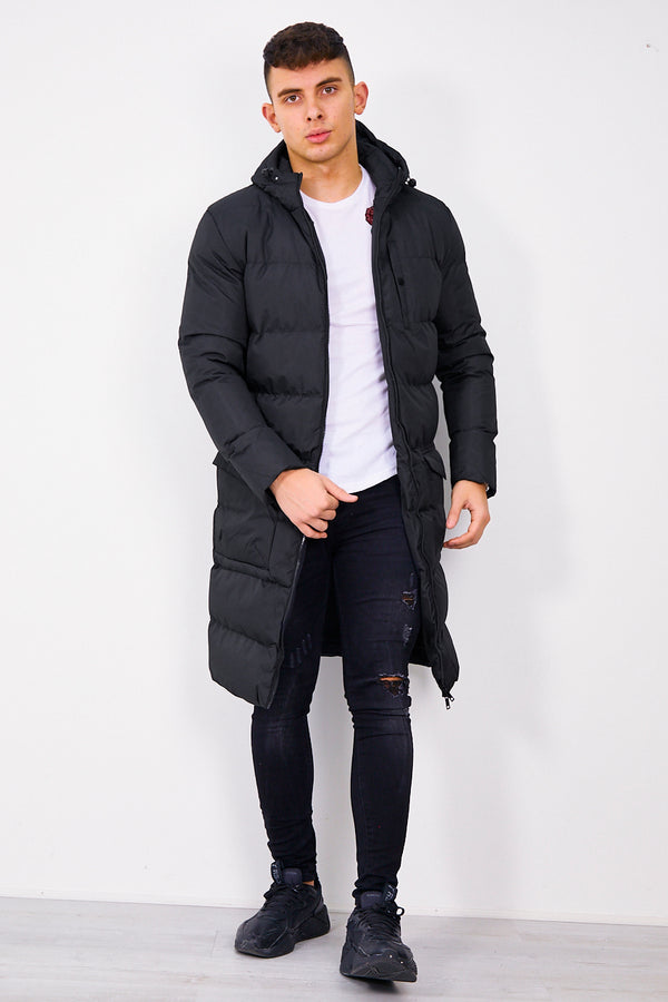 Mens Black Longline Hooded Puffer Coat