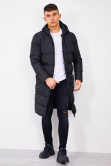 Mens Black Longline Hooded Puffer Coat