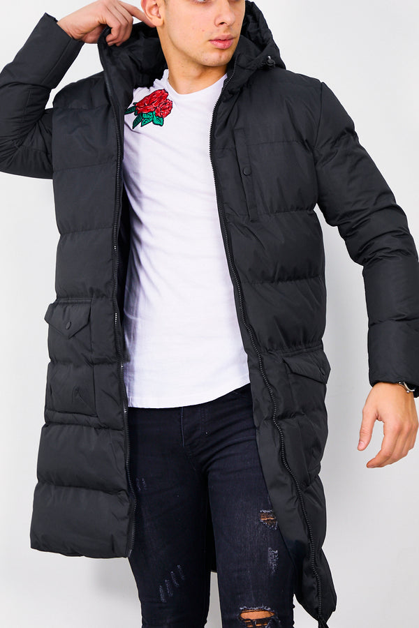 Mens Black Longline Hooded Puffer Coat